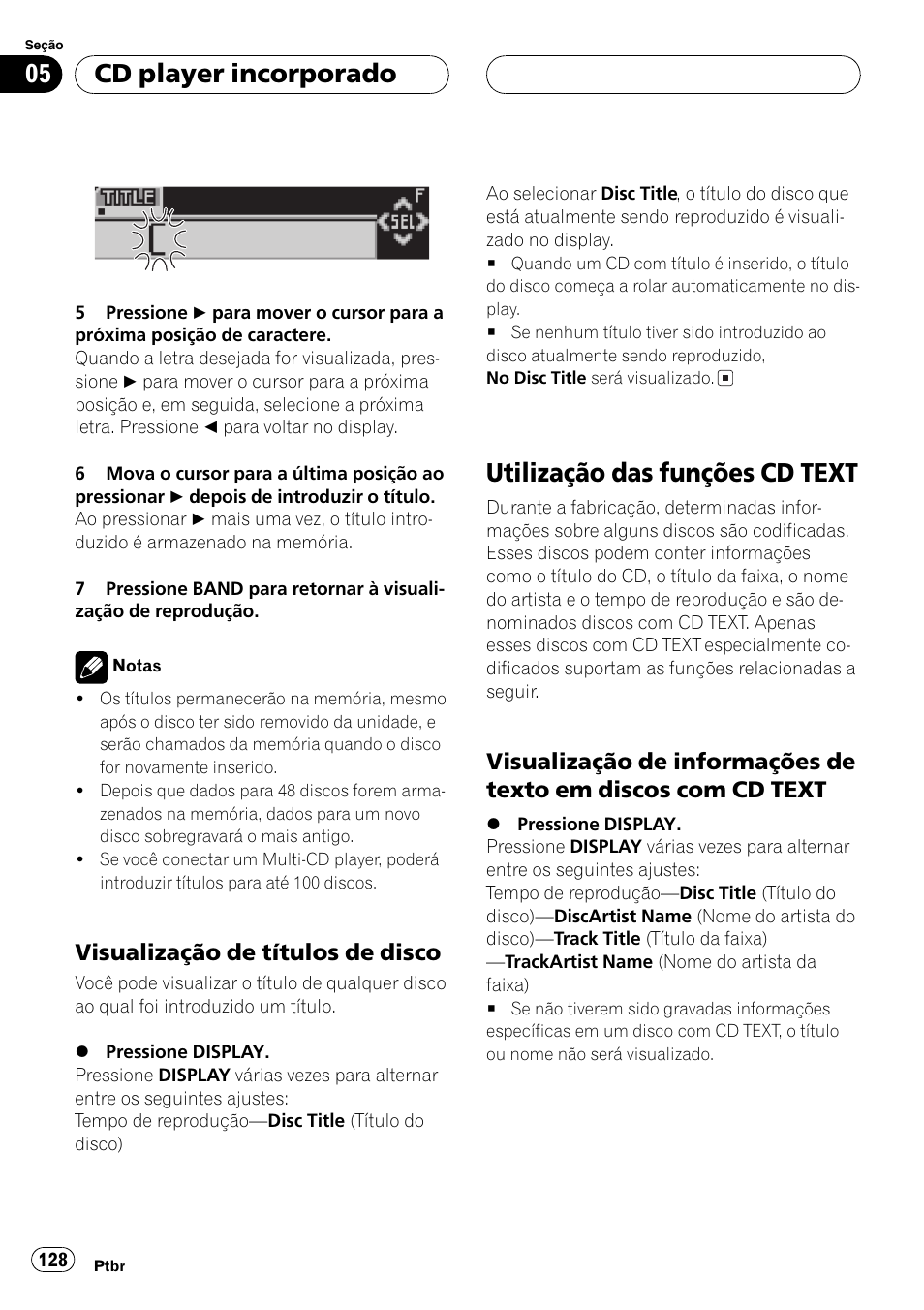 Visualização de títulos de disco 128, Utilização das funções cd text 128, Visualização de informações de texto | Em discos com cd text 128, Utilização das funções cd text, Cd player incorporado, Visualização de títulos de disco | Pioneer SUPER TUNER DEH-P5850MP User Manual | Page 128 / 166