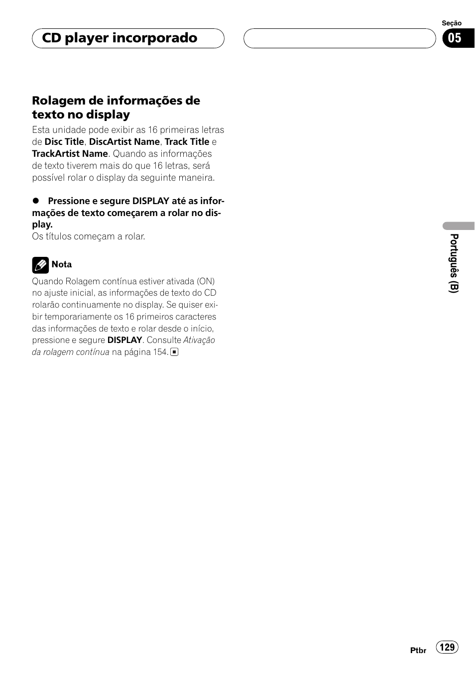 Rolagem de informações de texto no, Display 129, Cd player incorporado | Pioneer SUPER TUNER DEH-P5850MP User Manual | Page 129 / 166