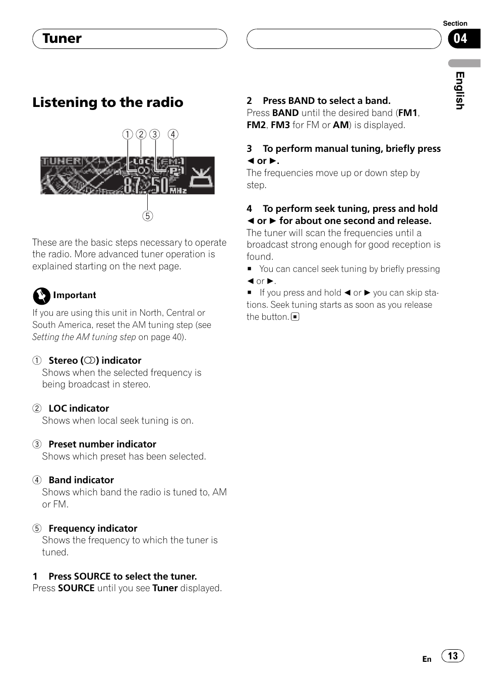 Tuner listening to the radio 13, Listening to the radio, Tuner | Pioneer SUPER TUNER DEH-P5850MP User Manual | Page 13 / 166