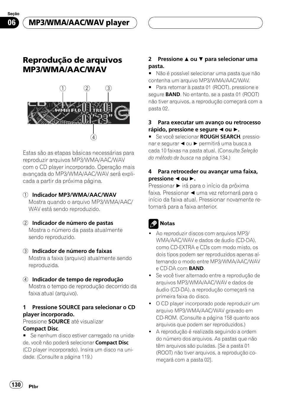 Mp3/wma/aac/wav player, Reprodução de arquivos mp3/wma/aac, Wav 130 | Reprodução de arquivos mp3/wma/aac/wav | Pioneer SUPER TUNER DEH-P5850MP User Manual | Page 130 / 166