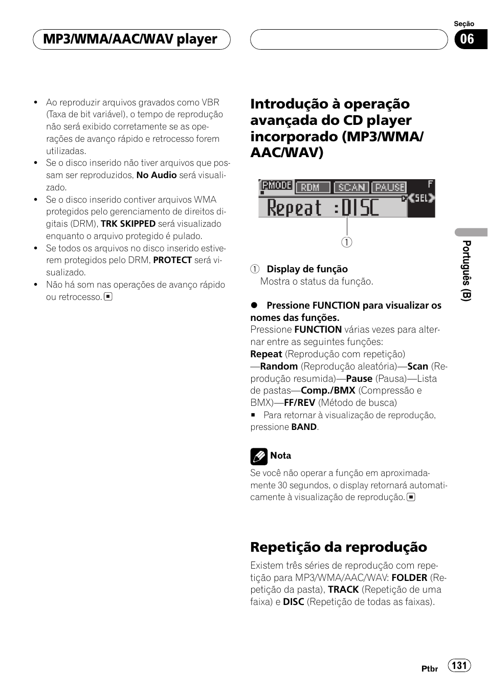 Introdução à operação avançada do cd, Player incorporado (mp3/wma/aac, Wav) 131 | Repetição da reprodução 131, Repetição da reprodução, Mp3/wma/aac/wav player | Pioneer SUPER TUNER DEH-P5850MP User Manual | Page 131 / 166