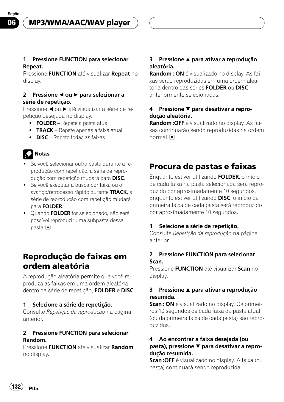 Reprodução de faixas em ordem, Aleatória 132, Procura de pastas e faixas 132 | Reprodução de faixas em ordem aleatória, Procura de pastas e faixas, Mp3/wma/aac/wav player | Pioneer SUPER TUNER DEH-P5850MP User Manual | Page 132 / 166