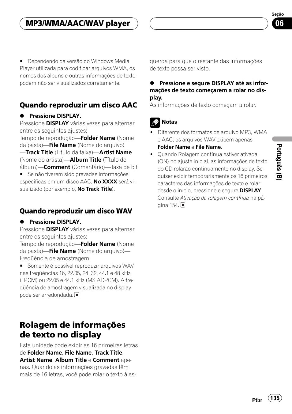 Quando reproduzir um disco, Aac 135, Wav 135 | Rolagem de informações de texto no, Display 135, Rolagem de informações de texto no display, Mp3/wma/aac/wav player | Pioneer SUPER TUNER DEH-P5850MP User Manual | Page 135 / 166