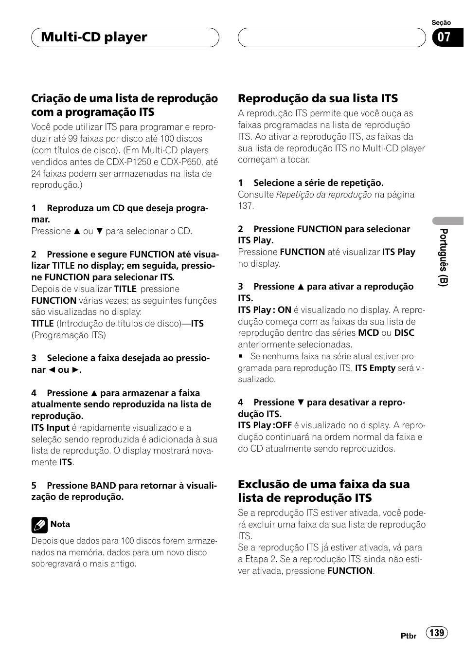 Criação de uma lista de reprodução, Com a programação its 139, Reprodução da sua lista its 139 | Exclusão de uma faixa da sua lista de, Reprodução its 139, Multi-cd player, Reprodução da sua lista its | Pioneer SUPER TUNER DEH-P5850MP User Manual | Page 139 / 166