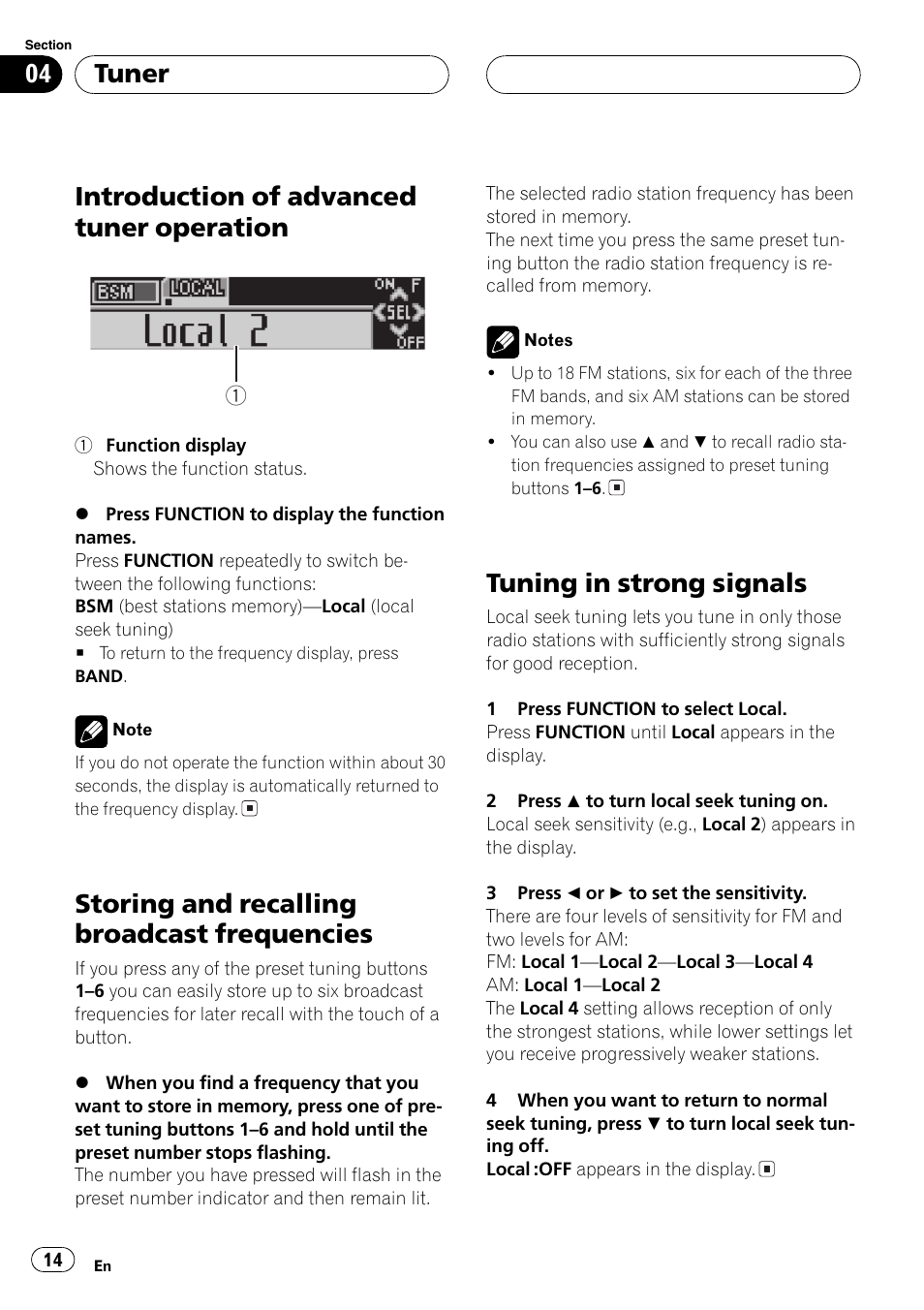 Introduction of advanced tuner, Operation 14, Storing and recalling broadcast | Frequencies 14, Tuning in strong signals 14, Introduction of advanced tuner operation, Storing and recalling broadcast frequencies, Tuning in strong signals, Tuner | Pioneer SUPER TUNER DEH-P5850MP User Manual | Page 14 / 166