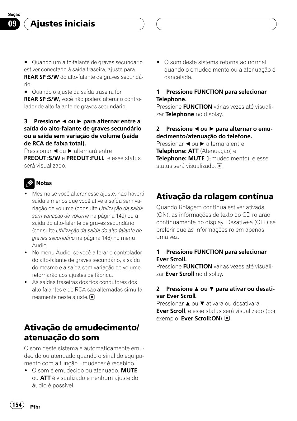 Ativação de emudecimento/atenuação do, Som 154, Ativação da rolagem contínua 154 | Ativação de emudecimento/ atenuação do som, Ativação da rolagem contínua, Ajustes iniciais | Pioneer SUPER TUNER DEH-P5850MP User Manual | Page 154 / 166