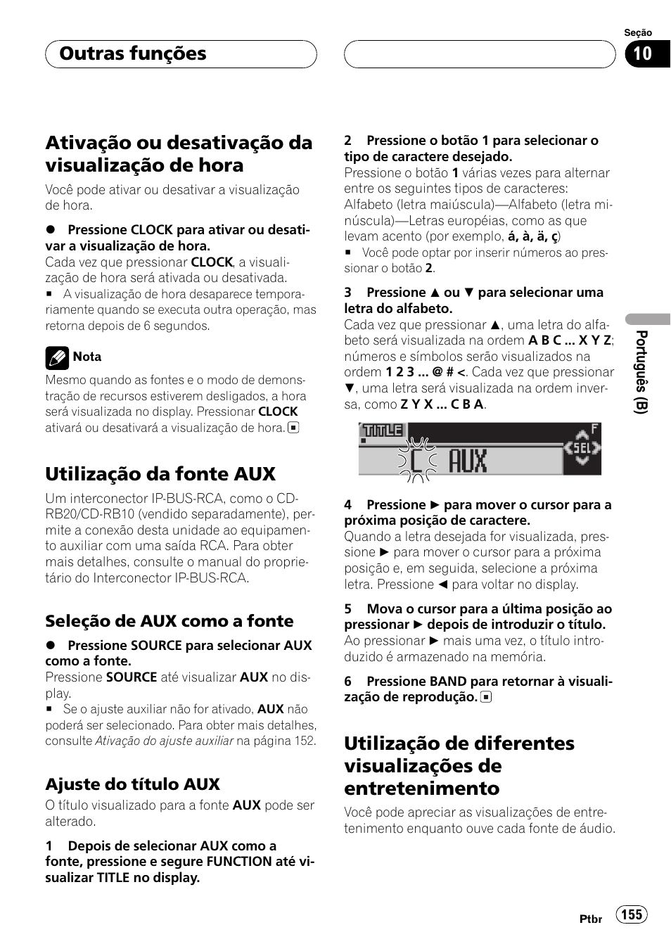 Outras funções, Ativação ou desativação da visualização de, Hora 155 | Utilização da fonte aux 155, Seleção de aux como a fonte 155, Ajuste do título aux 155, Utilização de diferentes visualizações de, Entretenimento 155, Ativação ou desativação da visualização de hora, Utilização da fonte aux | Pioneer SUPER TUNER DEH-P5850MP User Manual | Page 155 / 166