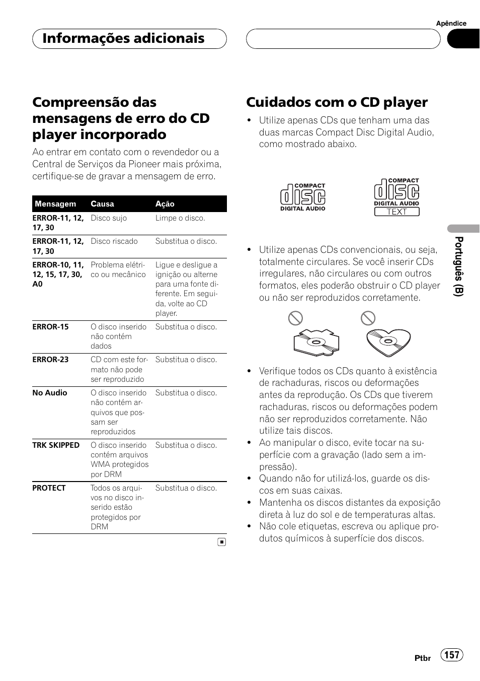 Informações adicionais, Compreensão das mensagens de erro do cd, Player incorporado 157 | Cuidados com o cd player 157, Cuidados com o cd player, Po rtu guês (b) | Pioneer SUPER TUNER DEH-P5850MP User Manual | Page 157 / 166