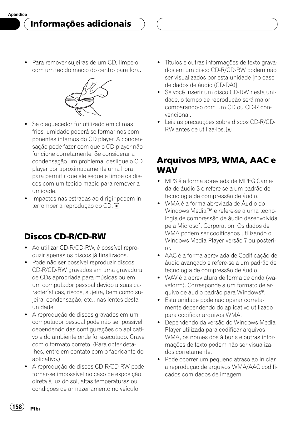 Discos cd-r/cd-rw 158, Arquivos mp3, wma, aac e wav 158, Discos cd-r/cd-rw | Arquivos mp3, wma, aac e wav, Informações adicionais | Pioneer SUPER TUNER DEH-P5850MP User Manual | Page 158 / 166