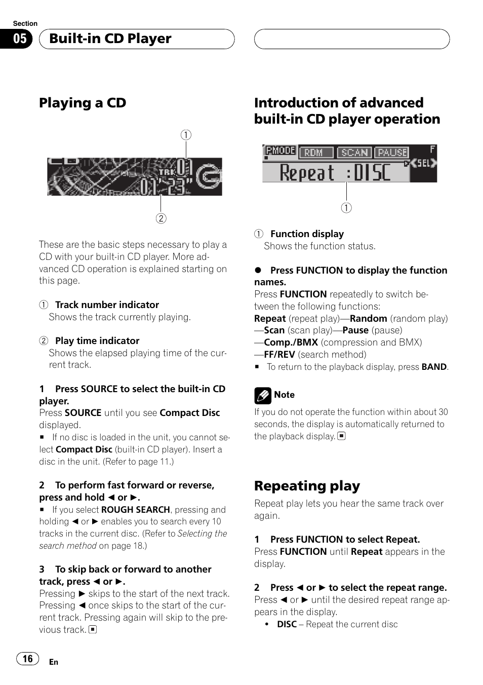 Built-in cd player playing a cd 16, Introduction of advanced built-in cd player, Operation 16 | Repeating play 16, Playing a cd, Repeating play, Built-in cd player | Pioneer SUPER TUNER DEH-P5850MP User Manual | Page 16 / 166