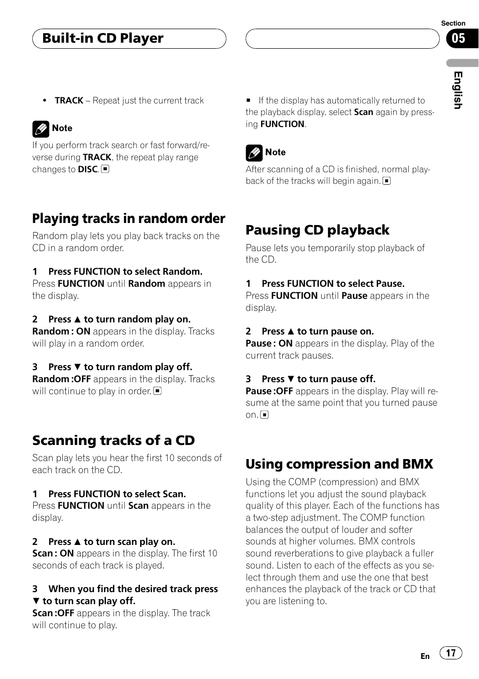 Playing tracks in random order, Scanning tracks of a cd, Pausing cd playback | Using compression and bmx, Built-in cd player | Pioneer SUPER TUNER DEH-P5850MP User Manual | Page 17 / 166