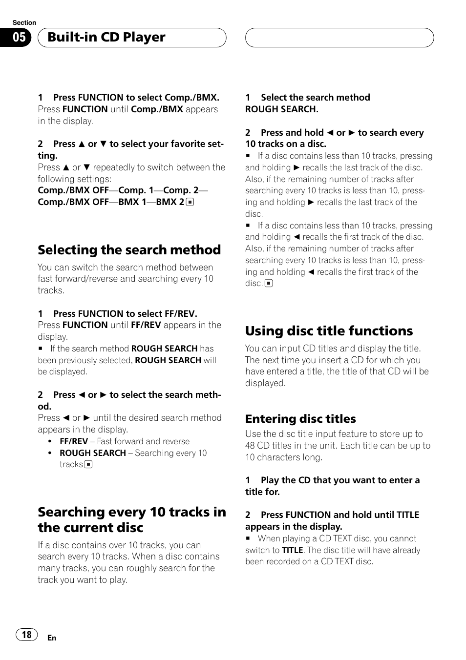 Disc 18, Using disc title functions 18, Entering disc titles 18 | Selecting the search method, Searching every 10 tracks in the current disc, Using disc title functions, Built-in cd player | Pioneer SUPER TUNER DEH-P5850MP User Manual | Page 18 / 166