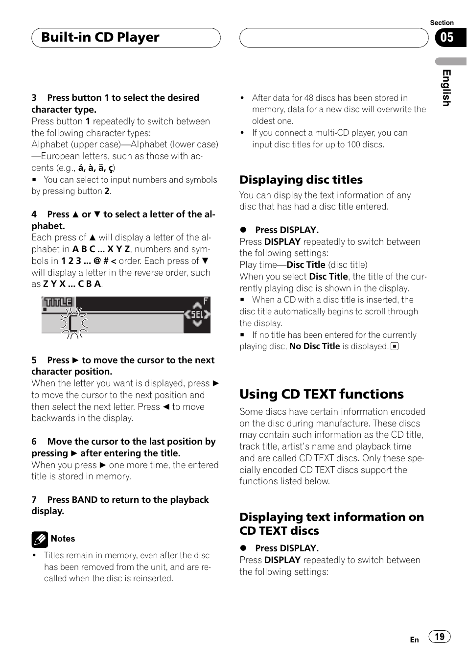 Displaying disc titles 19, Using cd text functions 19, Displaying text information on cd | Text discs 19, Using cd text functions, Built-in cd player, Displaying disc titles, Displaying text information on cd text discs | Pioneer SUPER TUNER DEH-P5850MP User Manual | Page 19 / 166