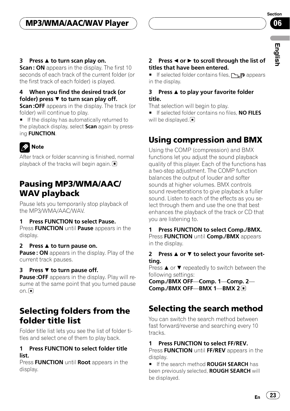 Selecting the, Pausing mp3/wma/aac/ wav playback, Selecting folders from the folder title list | Using compression and bmx, Selecting the search method, Mp3/wma/aac/wav player | Pioneer SUPER TUNER DEH-P5850MP User Manual | Page 23 / 166