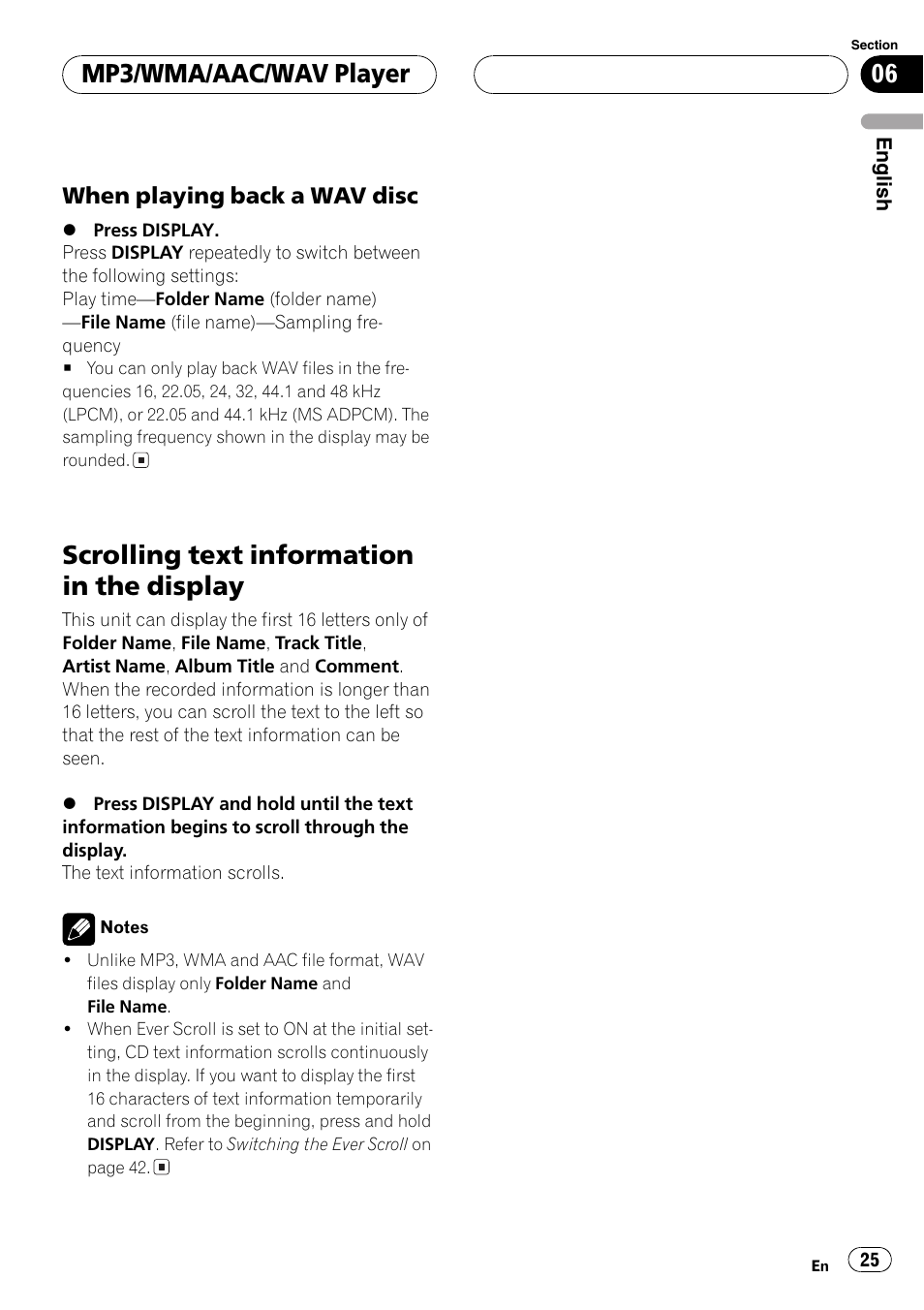 When playing back a wav disc 25, Scrolling text information in the display 25, Scrolling text information in the display | Mp3/wma/aac/wav player | Pioneer SUPER TUNER DEH-P5850MP User Manual | Page 25 / 166