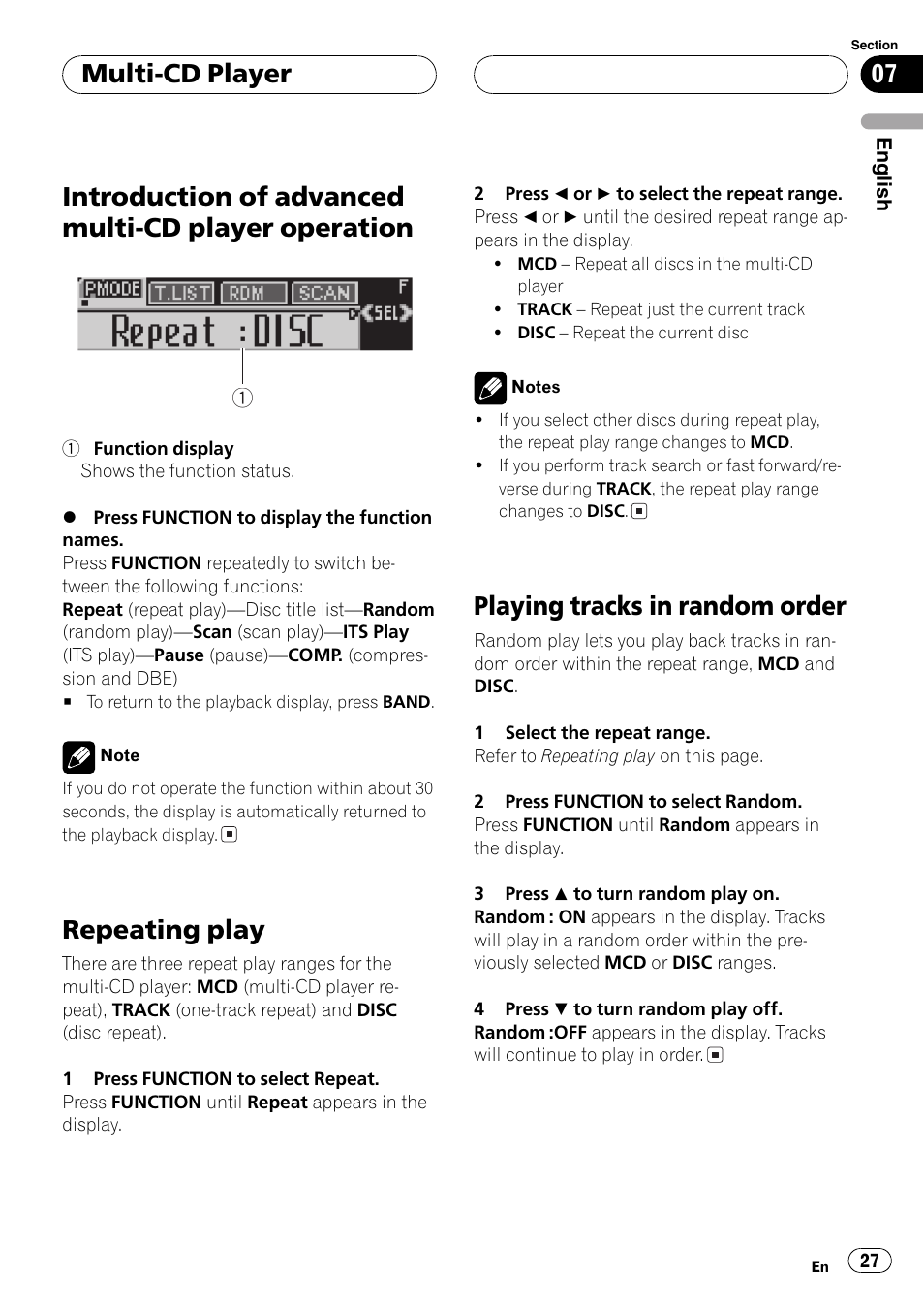 Introduction of advanced multi-cd player, Operation 27, The next | Introduction of advanced multi-cd player operation, Repeating play, Playing tracks in random order, Multi-cd player | Pioneer SUPER TUNER DEH-P5850MP User Manual | Page 27 / 166