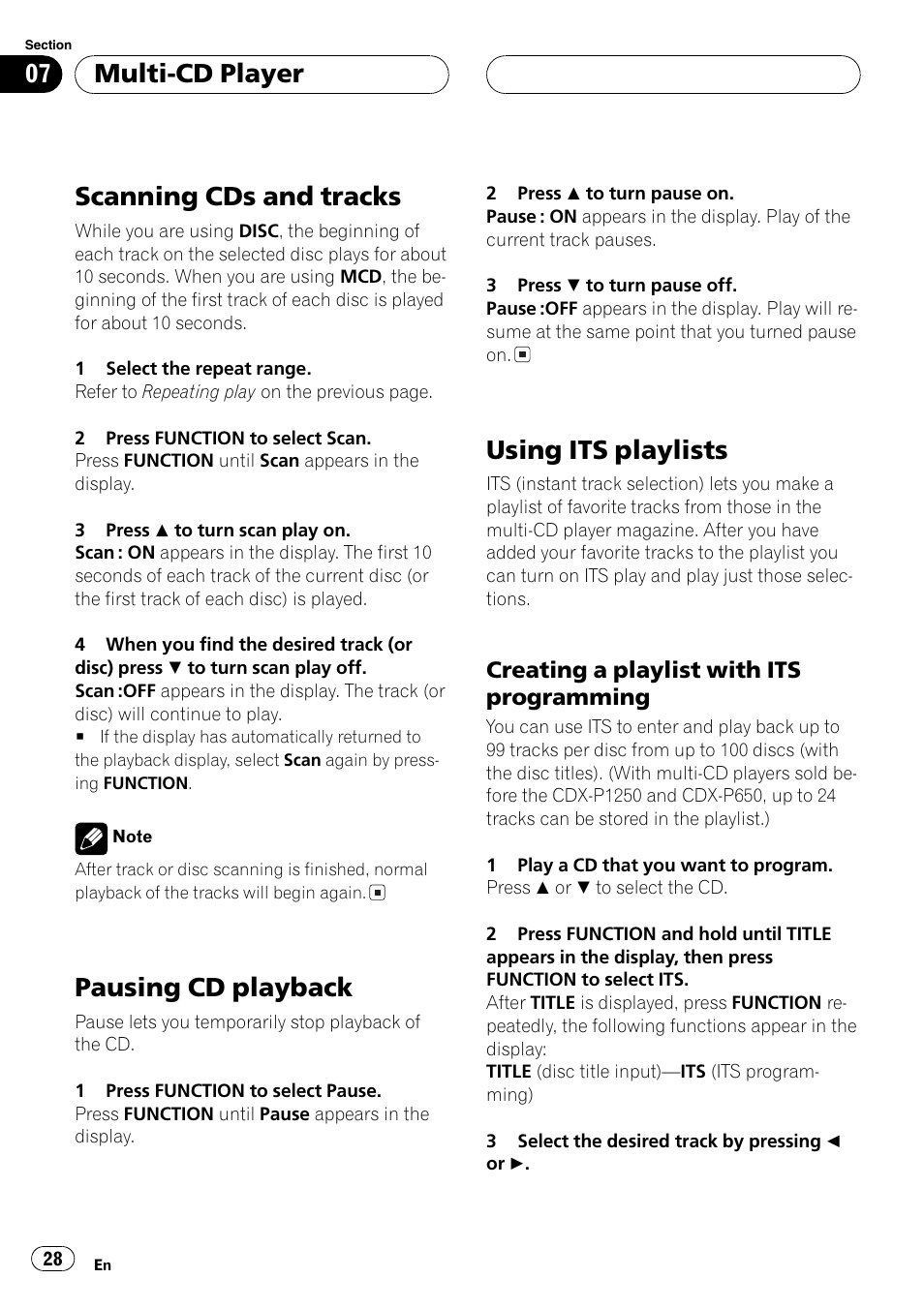 Creating a playlist with its, Programming 28, Scanning cds and tracks | Pausing cd playback, Using its playlists, Multi-cd player, Creating a playlist with its programming | Pioneer SUPER TUNER DEH-P5850MP User Manual | Page 28 / 166