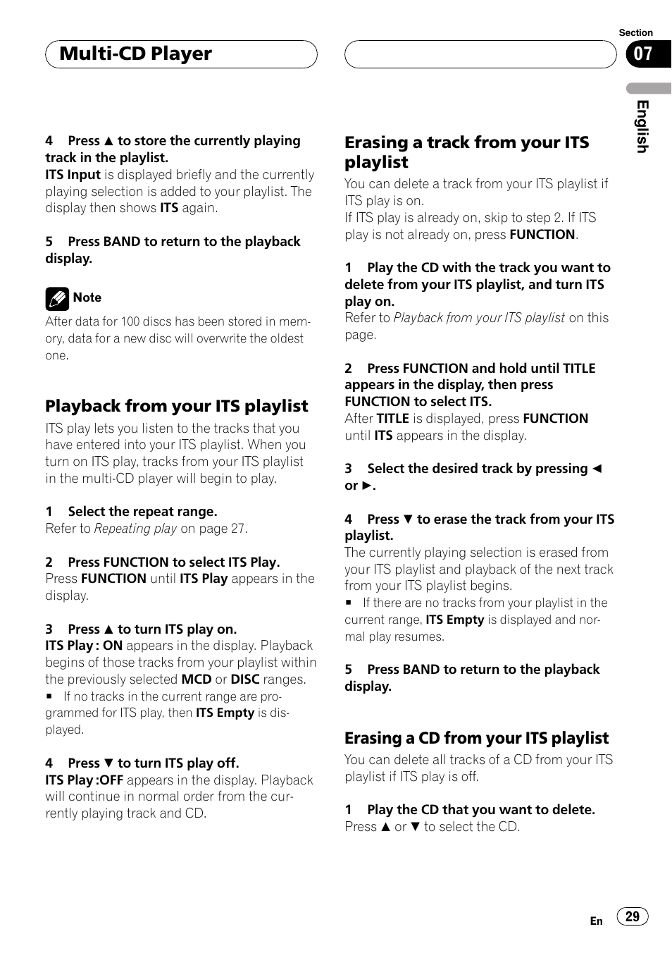 Playback from your its playlist 29, Erasing a track from your its, Playlist 29 | Erasing a cd from your its, Multi-cd player, Playback from your its playlist, Erasing a track from your its playlist, Erasing a cd from your its playlist | Pioneer SUPER TUNER DEH-P5850MP User Manual | Page 29 / 166