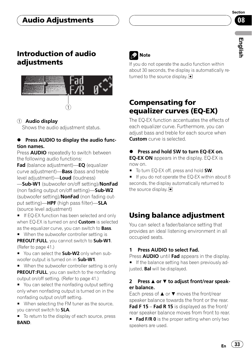 Ex) 33, Using balance adjustment 33, Compensating for equalizer | Introduction of audio adjustments, Compensating for equalizer curves (eq-ex), Using balance adjustment, Audio adjustments | Pioneer SUPER TUNER DEH-P5850MP User Manual | Page 33 / 166