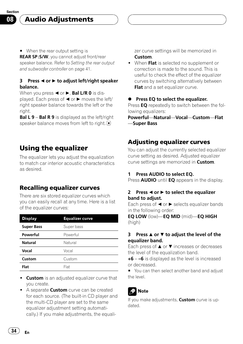 Using the equalizer 34, Recalling equalizer curves 34, Adjusting equalizer curves 34 | Using the equalizer, Audio adjustments, Recalling equalizer curves, Adjusting equalizer curves | Pioneer SUPER TUNER DEH-P5850MP User Manual | Page 34 / 166