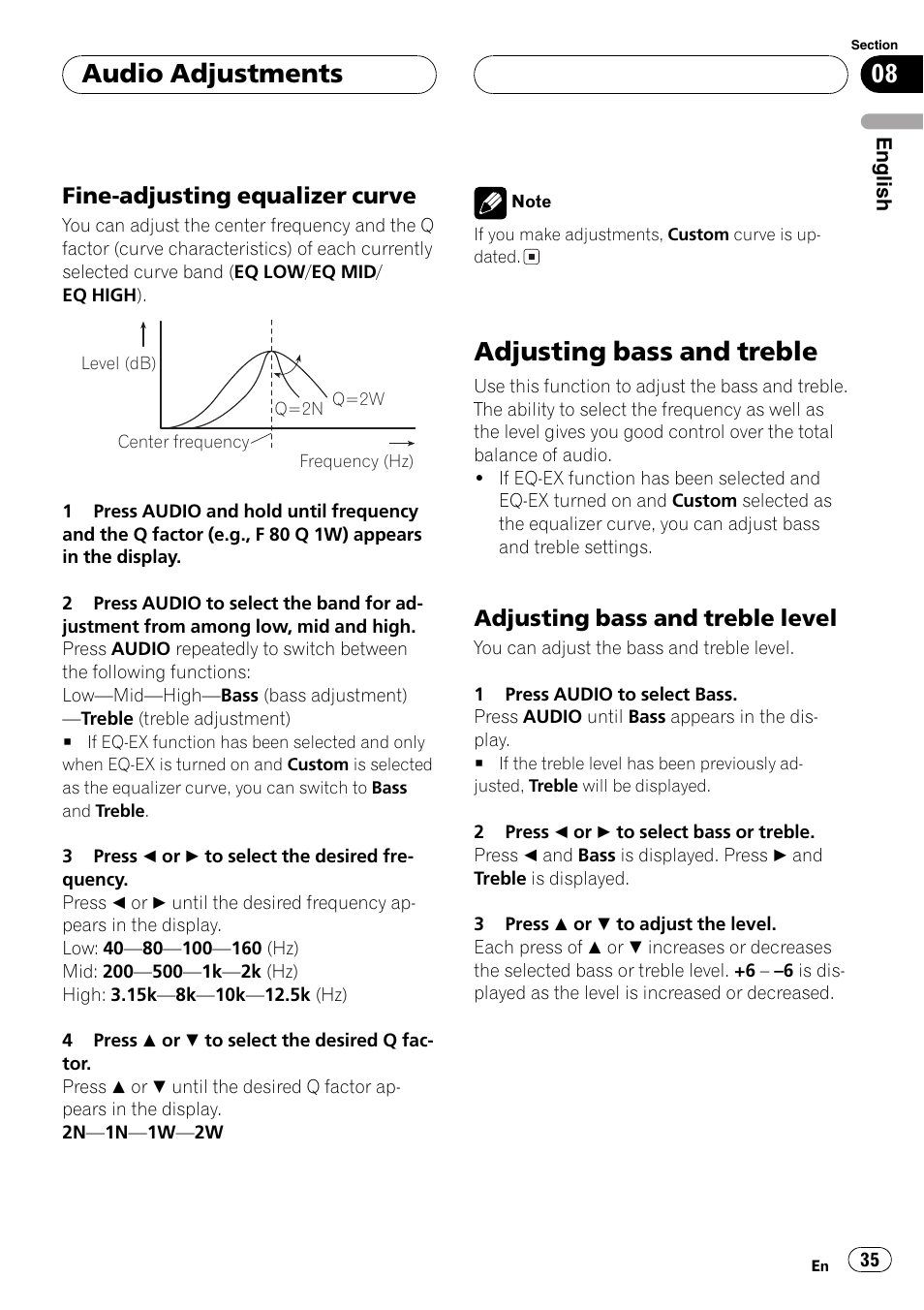 Fine-adjusting equalizer curve 35, Adjusting bass and treble 35, Adjusting bass and treble level 35 | Adjusting bass and treble, Audio adjustments, Fine-adjusting equalizer curve, Adjusting bass and treble level | Pioneer SUPER TUNER DEH-P5850MP User Manual | Page 35 / 166