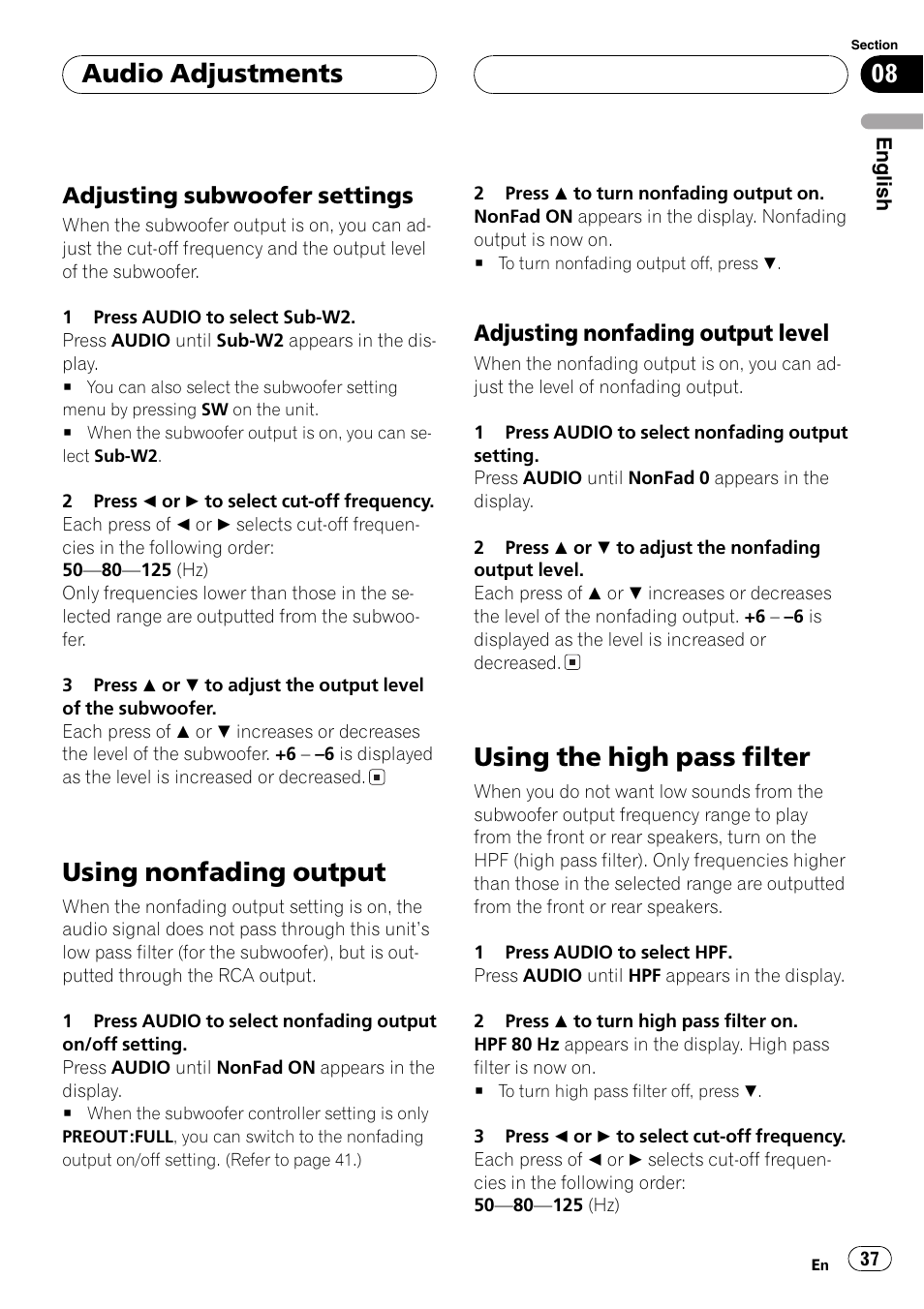 Adjusting subwoofer settings 37, Using nonfading output 37, Adjusting nonfading output level 37 | Using the high pass filter 37, Using nonfading output, Using the high pass filter, Audio adjustments, Adjusting subwoofer settings, Adjusting nonfading output level | Pioneer SUPER TUNER DEH-P5850MP User Manual | Page 37 / 166