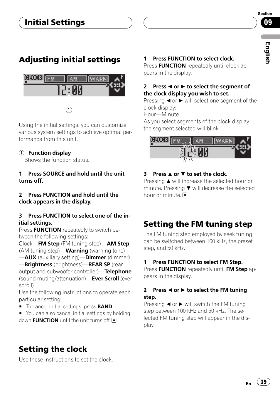 Adjusting initial settings, Setting the clock, Setting the fm tuning step | Initial settings | Pioneer SUPER TUNER DEH-P5850MP User Manual | Page 39 / 166