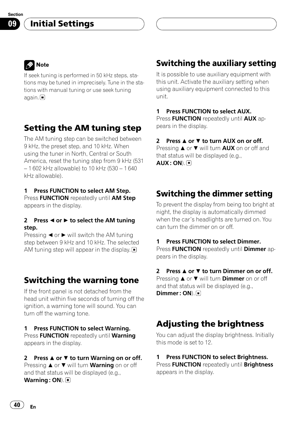 Setting the am tuning step, Switching the warning tone, Switching the auxiliary setting | Switching the dimmer setting, Adjusting the brightness, Initial settings | Pioneer SUPER TUNER DEH-P5850MP User Manual | Page 40 / 166