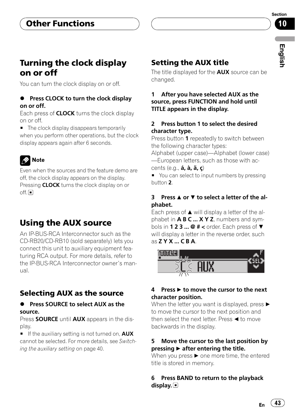 Selecting aux as the source 43, Setting the aux title 43, Turning the clock display on or off | Using the aux source, Other functions | Pioneer SUPER TUNER DEH-P5850MP User Manual | Page 43 / 166
