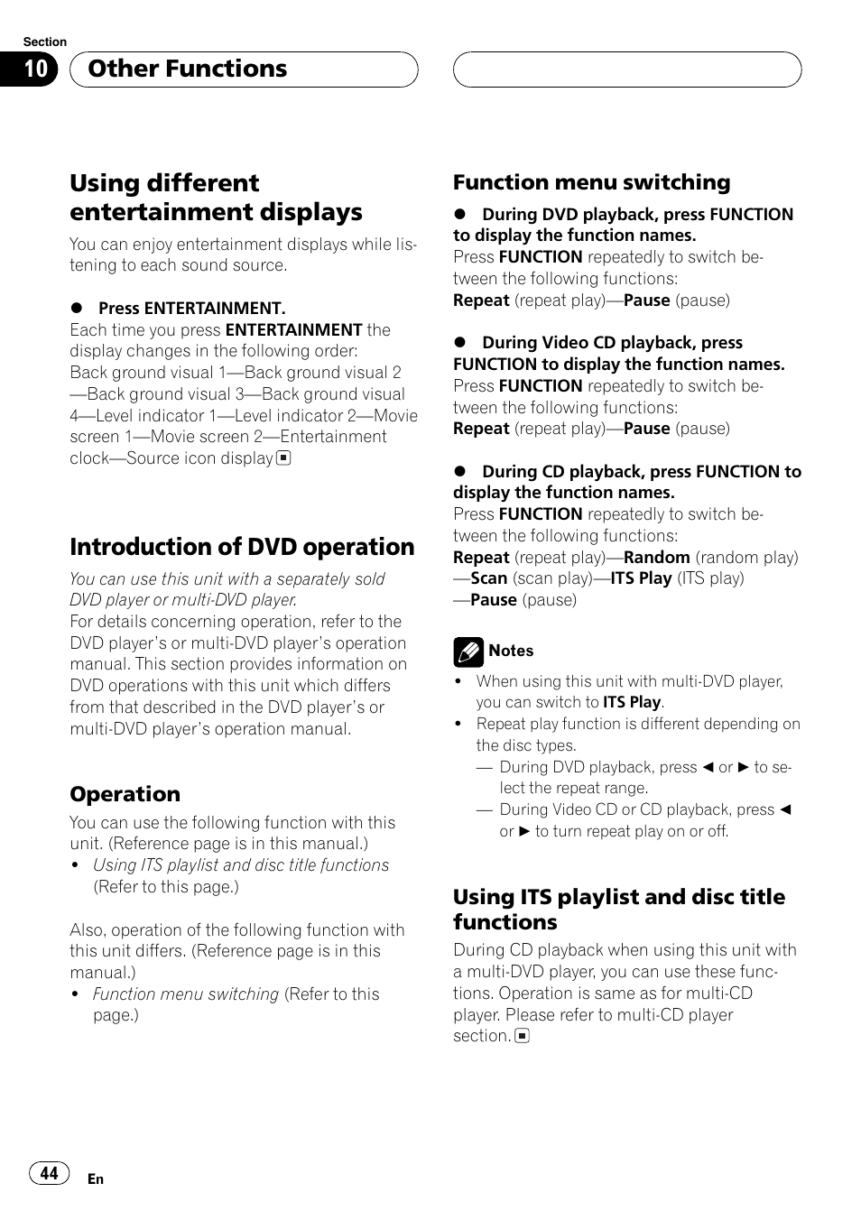 Operation 44, Function menu switching 44, Using its playlist and disc title | Functions 44, Using different entertainment displays, Introduction of dvd operation, Other functions | Pioneer SUPER TUNER DEH-P5850MP User Manual | Page 44 / 166