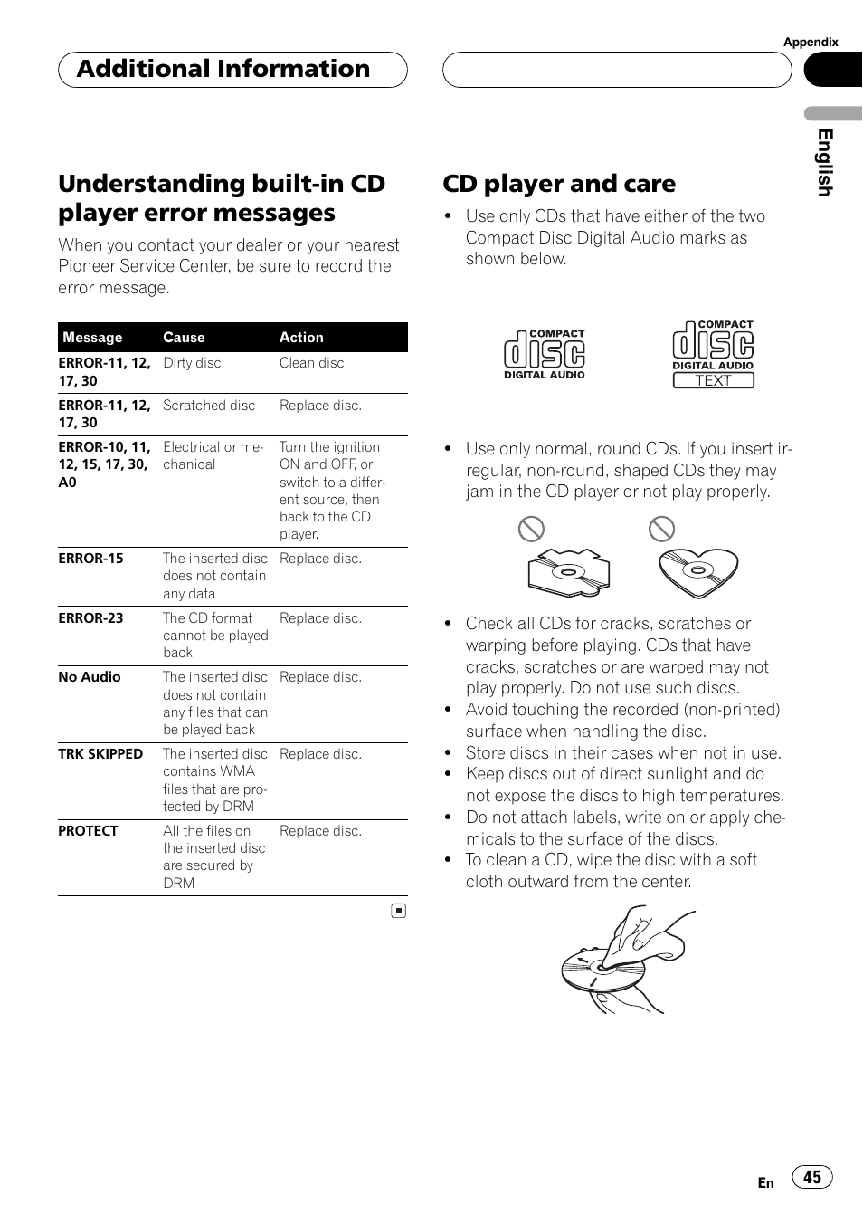 Messages 45, Cd player and care 45, Understanding built-in cd player error messages | Cd player and care, Additional information, English | Pioneer SUPER TUNER DEH-P5850MP User Manual | Page 45 / 166