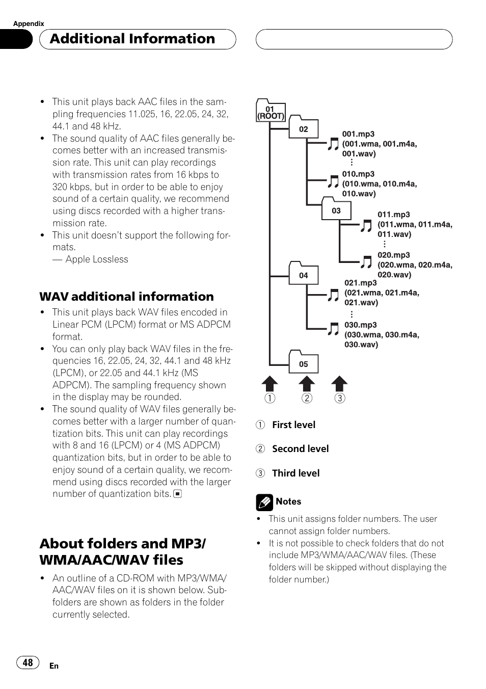 Wav additional information 48, About folders and mp3/wma/aac/wav, Files 48 | About folders and mp3/ wma/aac/wav files, Additional information, Wav additional information | Pioneer SUPER TUNER DEH-P5850MP User Manual | Page 48 / 166