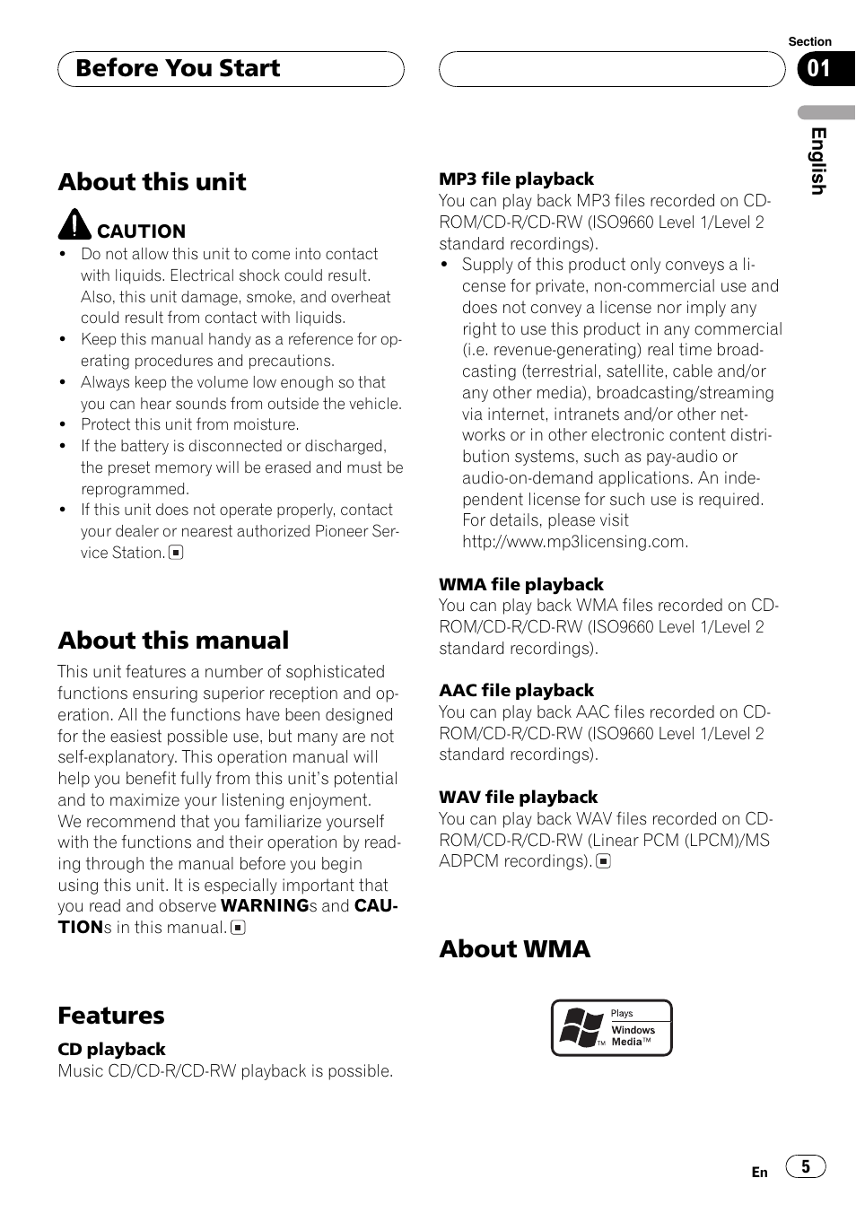 About this unit, About this manual, Features | About wma before you start | Pioneer SUPER TUNER DEH-P5850MP User Manual | Page 5 / 166