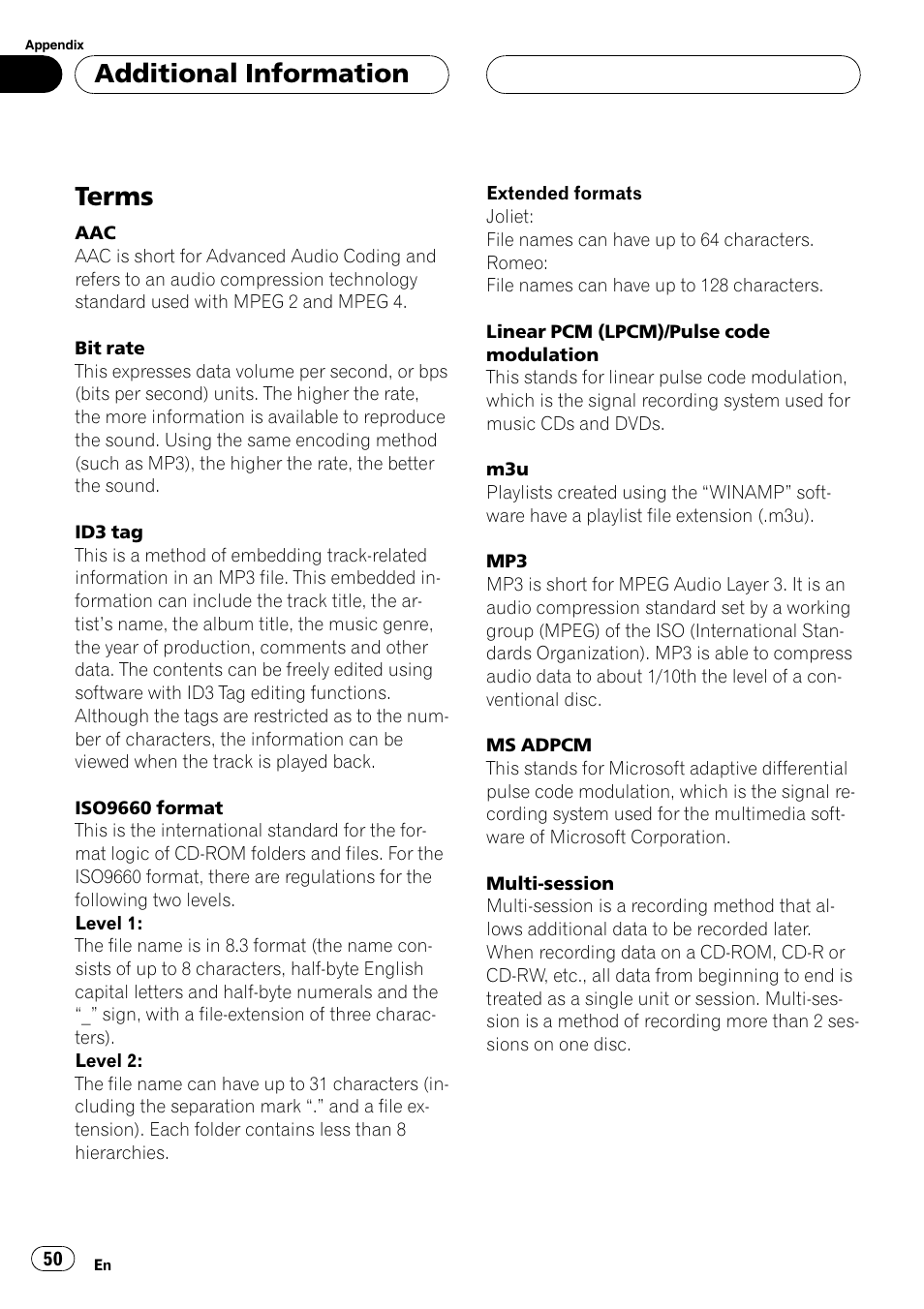 Terms 50, Terms, Additional information | Pioneer SUPER TUNER DEH-P5850MP User Manual | Page 50 / 166