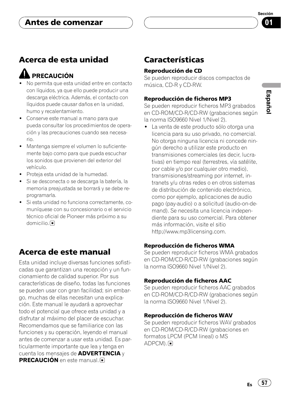 Antes de comenzar acerca de esta unidad 57, Acerca de este manual 57, Características 57 | Acerca de esta unidad, Acerca de este manual, Características, Antes de comenzar | Pioneer SUPER TUNER DEH-P5850MP User Manual | Page 57 / 166