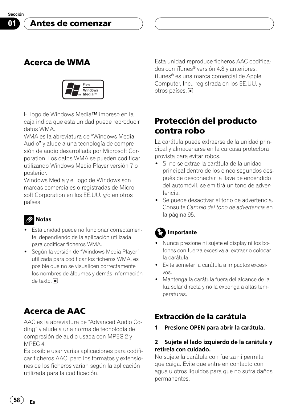 Acerca de wma 58, Acerca de aac 58, Protección del producto contra robo 58 | Extracción de la carátula 58, Acerca de wma, Acerca de aac, Protección del producto contra robo, Antes de comenzar, Extracción de la carátula | Pioneer SUPER TUNER DEH-P5850MP User Manual | Page 58 / 166