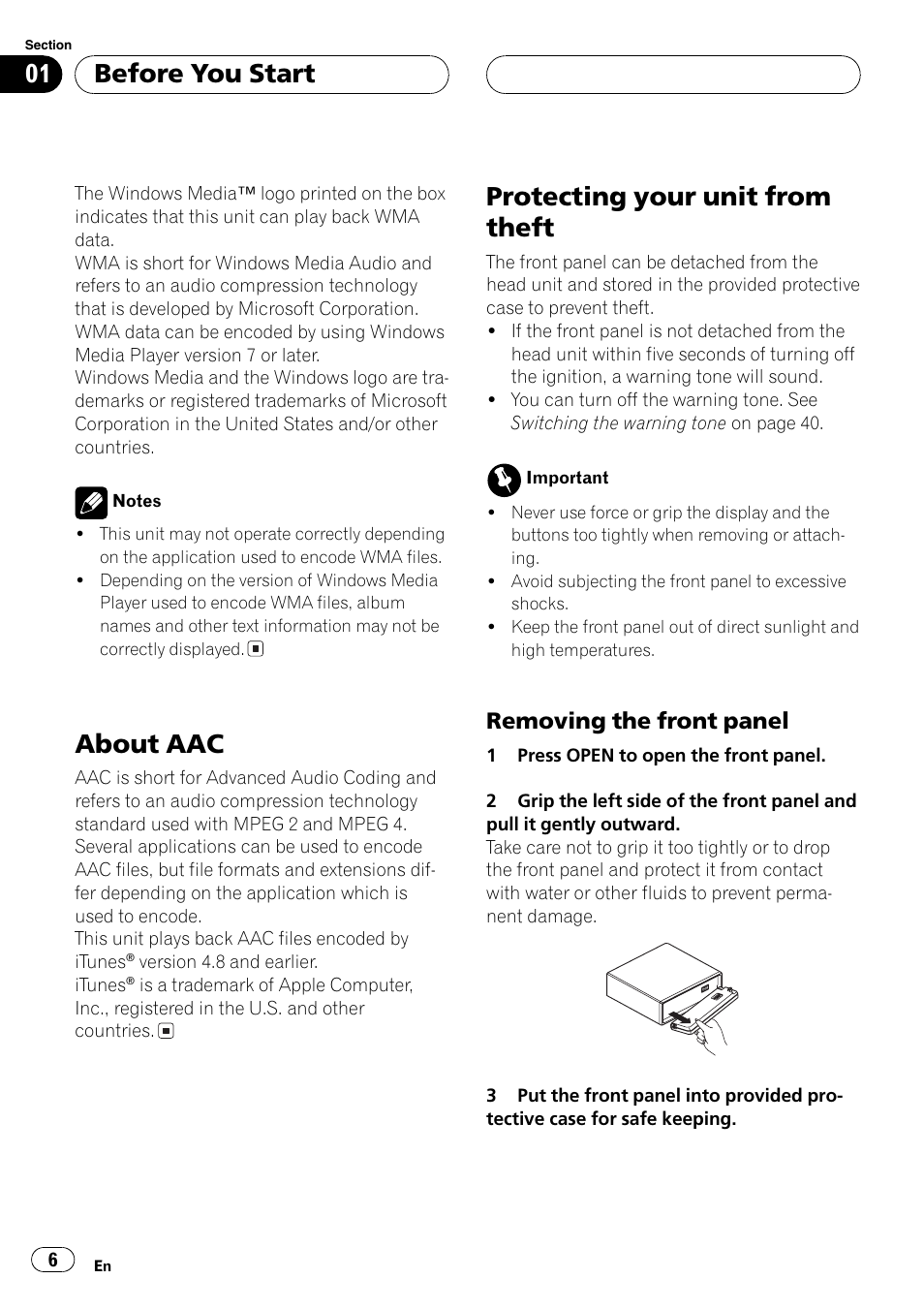 About aac 6 protecting your unit from theft 6, Removing the front panel 6, About aac | Protecting your unit from theft, Before you start, Removing the front panel | Pioneer SUPER TUNER DEH-P5850MP User Manual | Page 6 / 166