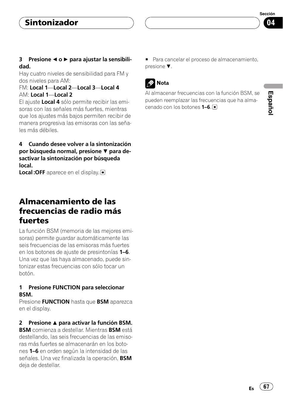 Almacenamiento de las frecuencias de radio, Más fuertes 67, Sintonizador | Pioneer SUPER TUNER DEH-P5850MP User Manual | Page 67 / 166