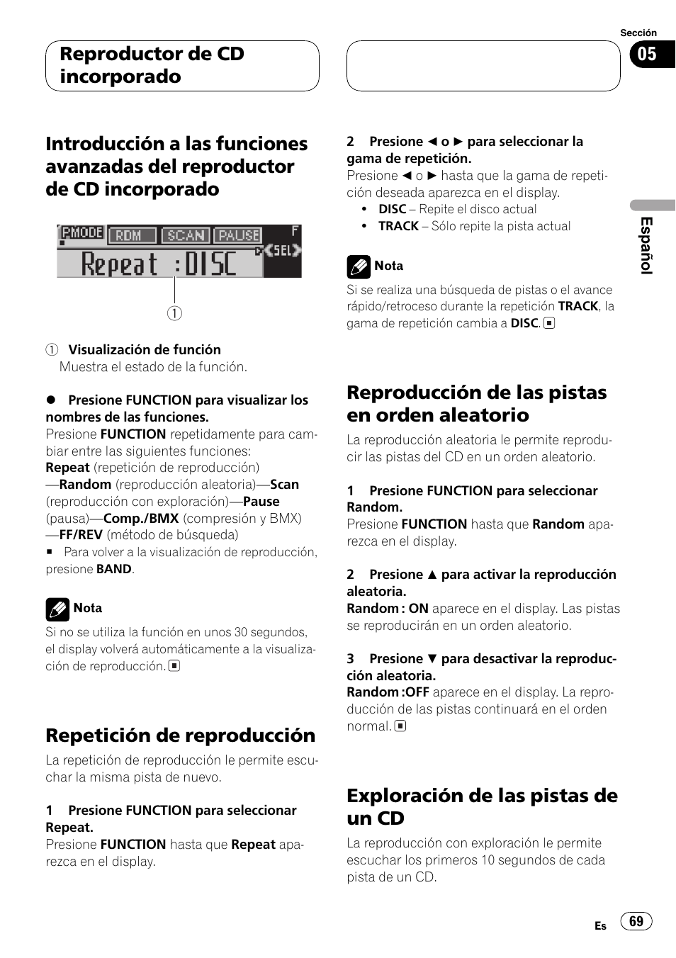Introducción a las funciones avanzadas del, Reproductor de cd incorporado 69, Repetición de reproducción 69 | Reproducción de las pistas en orden, Aleatorio 69, Exploración de las pistas de un cd 69, Guiente, Repetición de reproducción, Reproducción de las pistas en orden aleatorio, Exploración de las pistas de un cd | Pioneer SUPER TUNER DEH-P5850MP User Manual | Page 69 / 166