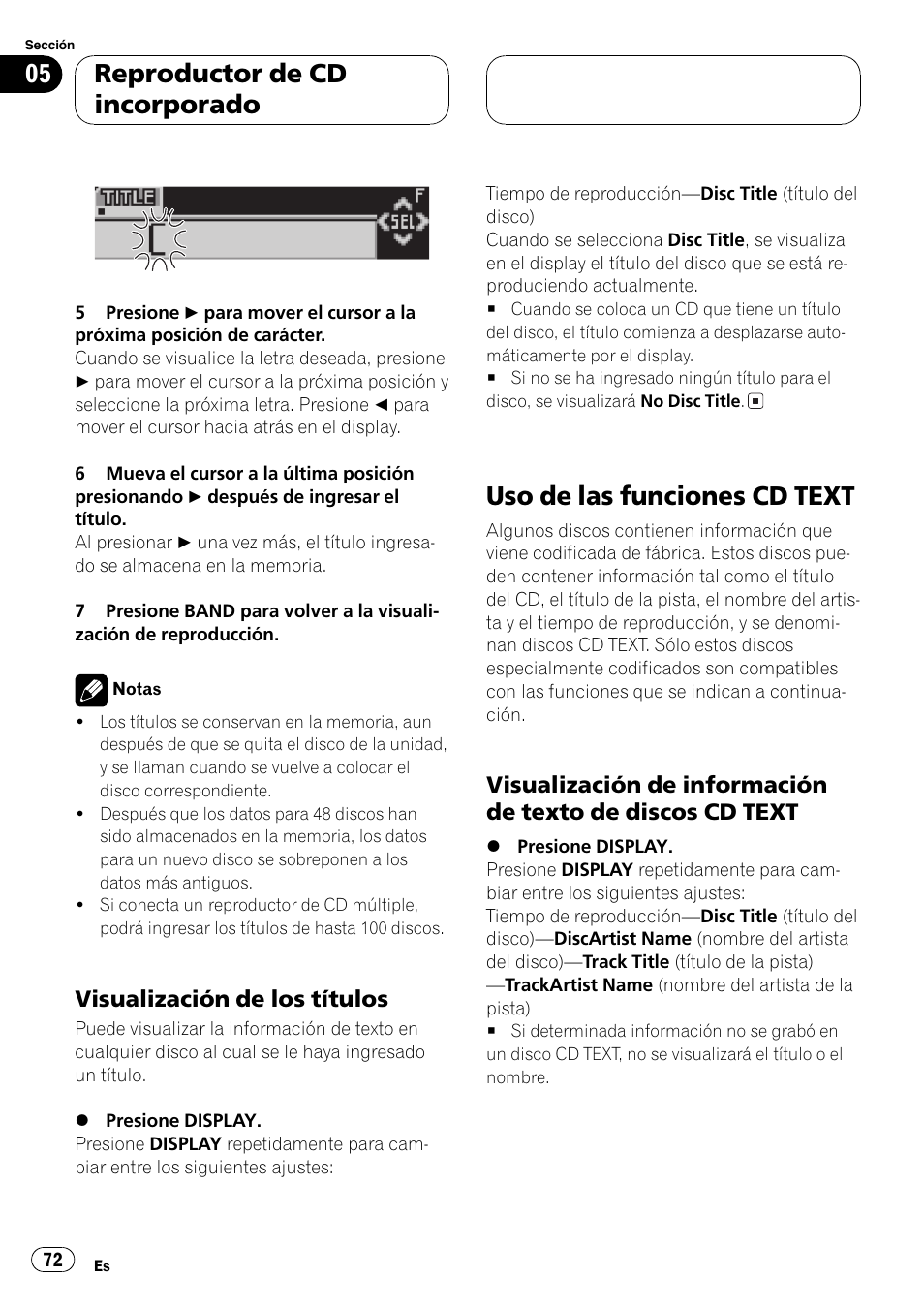 Visualización de los títulos 72, Uso de las funciones cd text 72, Visualización de información de texto | De discos cd text 72, Uso de las funciones cd text, Reproductor de cd incorporado, Visualización de los títulos | Pioneer SUPER TUNER DEH-P5850MP User Manual | Page 72 / 166
