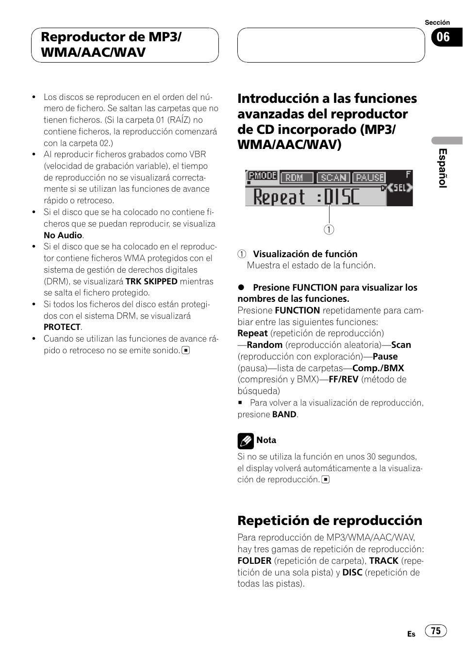 Introducción a las funciones avanzadas del, Reproductor de cd incorporado (mp3, Wma/aac/wav) 75 | Repetición de reproducción 75, Repetición de reproducción, Reproductor de mp3/ wma/aac/wav | Pioneer SUPER TUNER DEH-P5850MP User Manual | Page 75 / 166