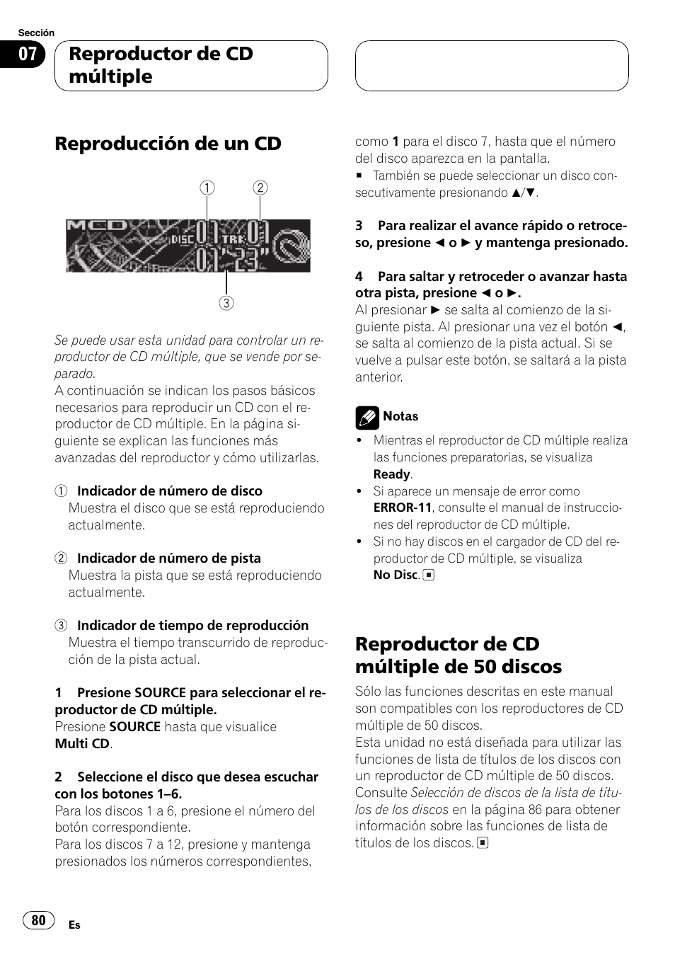 Reproductor de cd múltiple, Reproducción de un cd 80, Reproductor de cd múltiple de 50 | Discos 80, Reproducción de un cd, Reproductor de cd múltiple de 50 discos | Pioneer SUPER TUNER DEH-P5850MP User Manual | Page 80 / 166