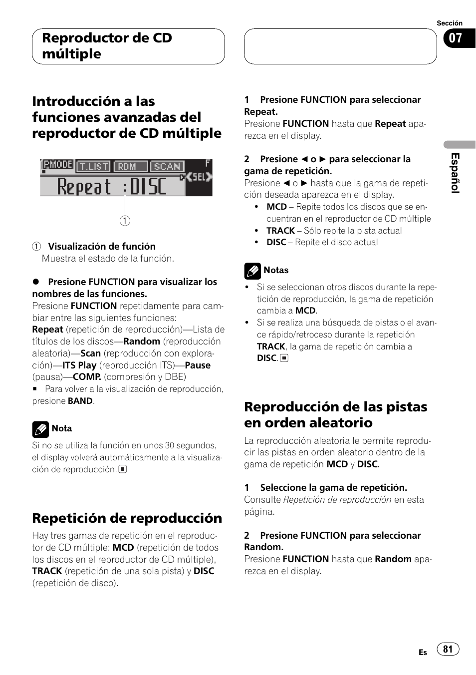 Introducción a las funciones avanzadas del, Reproductor de cd múltiple 81, Repetición de reproducción 81 | Reproducción de las pistas en orden, Aleatorio 81, Guiente, Repetición de reproducción, Reproducción de las pistas en orden aleatorio, Reproductor de cd múltiple | Pioneer SUPER TUNER DEH-P5850MP User Manual | Page 81 / 166