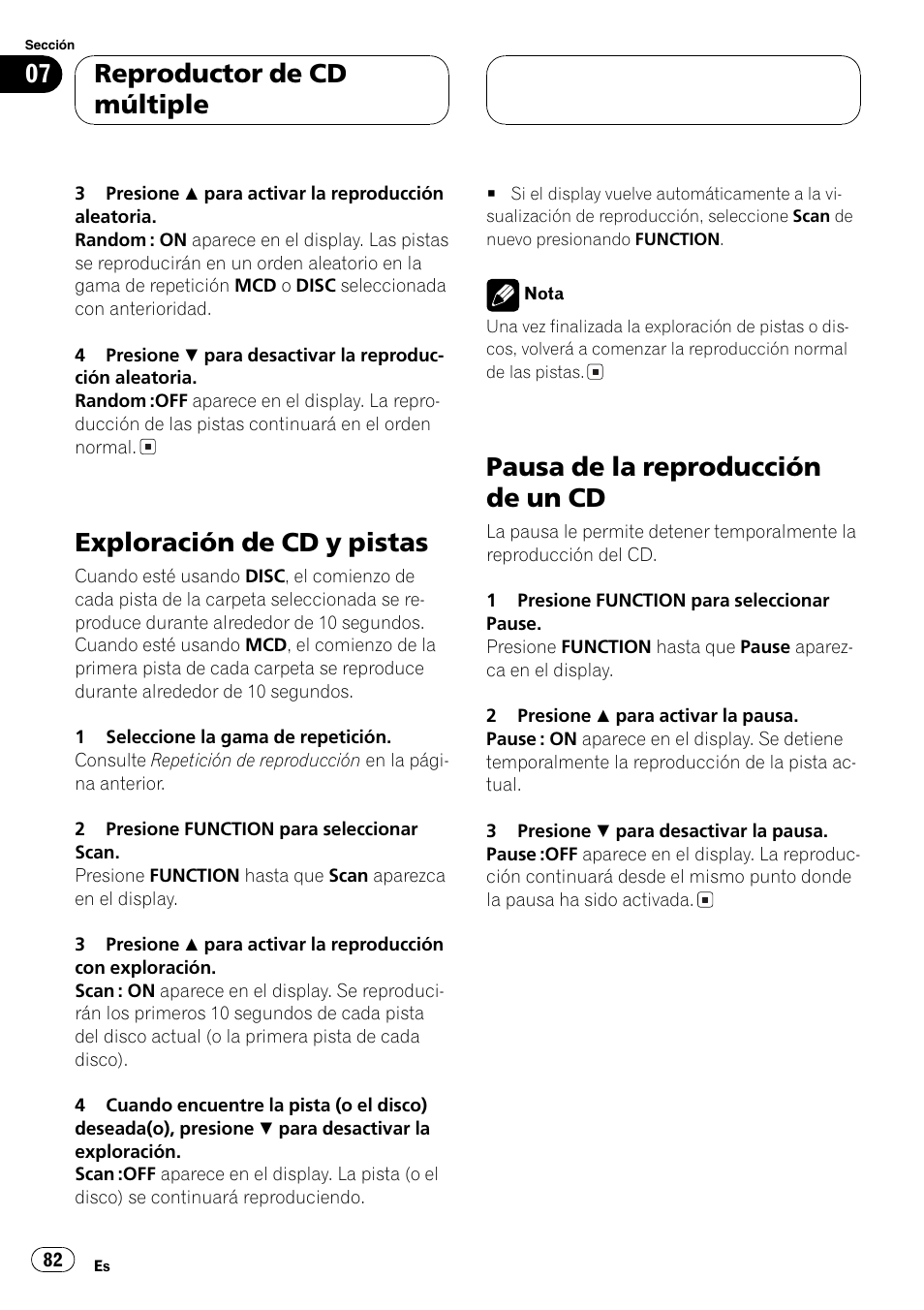 Exploración de cd y pistas 82, Pausa de la reproducción de un cd 82, Exploración de cd y pistas | Pausa de la reproducción de un cd, Reproductor de cd múltiple | Pioneer SUPER TUNER DEH-P5850MP User Manual | Page 82 / 166