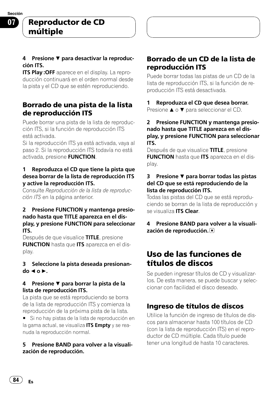 Borrado de una pista de la lista de, Reproducción its 84, Borrado de un cd de la lista de | Uso de las funciones de títulos de discos 84, Ingreso de títulos de discos 84, Uso de las funciones de títulos de discos, Reproductor de cd múltiple | Pioneer SUPER TUNER DEH-P5850MP User Manual | Page 84 / 166