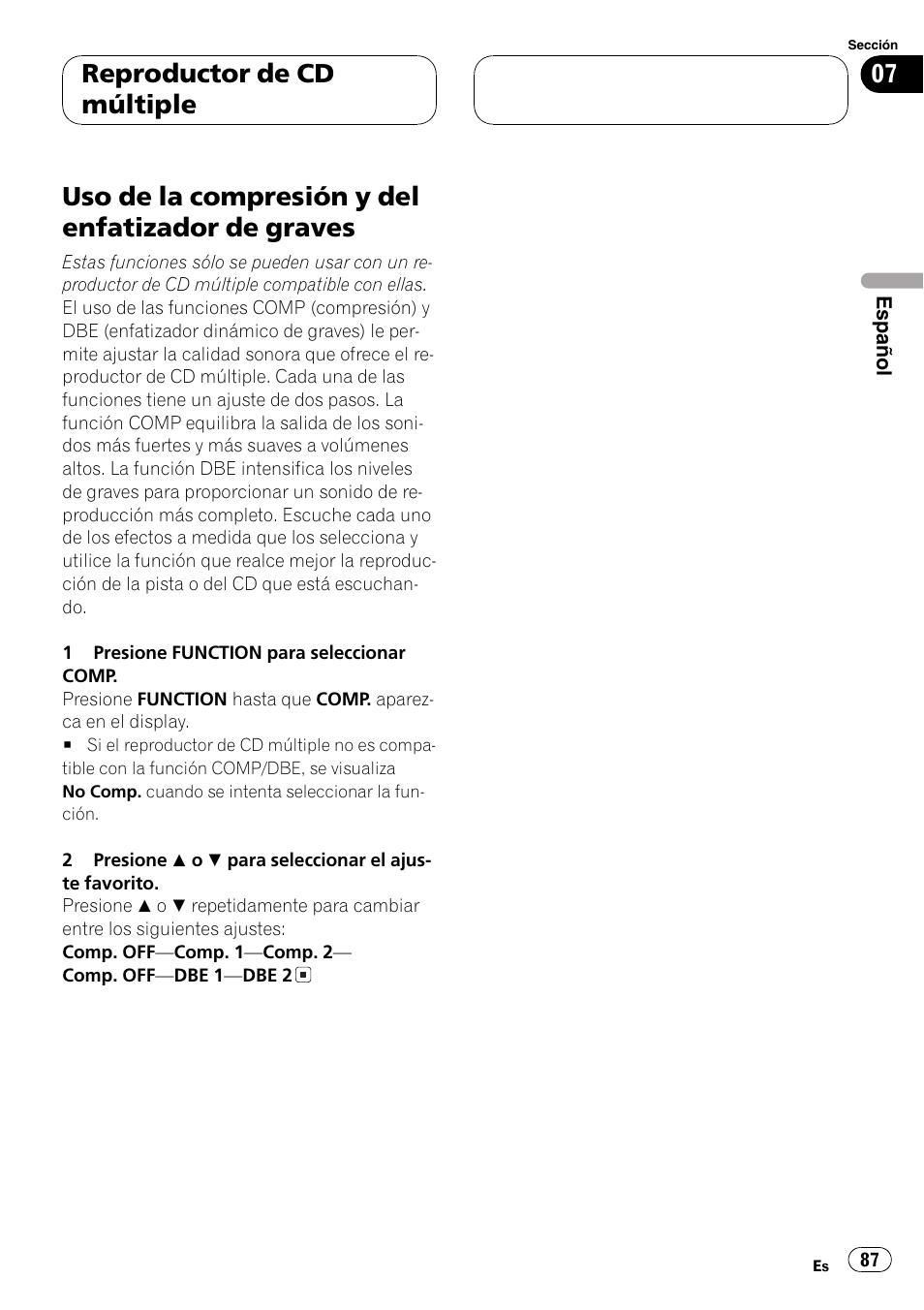 Uso de la compresión y del enfatizador de, Graves 87, Uso de la compresión y del enfatizador de graves | Reproductor de cd múltiple | Pioneer SUPER TUNER DEH-P5850MP User Manual | Page 87 / 166