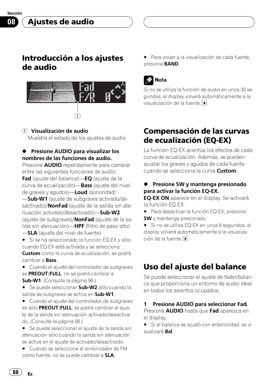 Ajustes de audio, Introducción a los ajustes de audio 88, Compensación de las curvas de ecualización | Eq-ex) 88, Uso del ajuste del balance 88, Compensación de las curvas de, Introducción a los ajustes de audio, Compensación de las curvas de ecualización (eq-ex), Uso del ajuste del balance | Pioneer SUPER TUNER DEH-P5850MP User Manual | Page 88 / 166