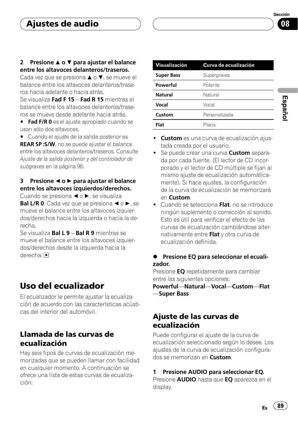 Uso del ecualizador 89, Llamada de las curvas de, Ecualización 89 | Ajuste de las curvas de, Uso del ecualizador, Ajustes de audio, Llamada de las curvas de ecualización, Ajuste de las curvas de ecualización | Pioneer SUPER TUNER DEH-P5850MP User Manual | Page 89 / 166