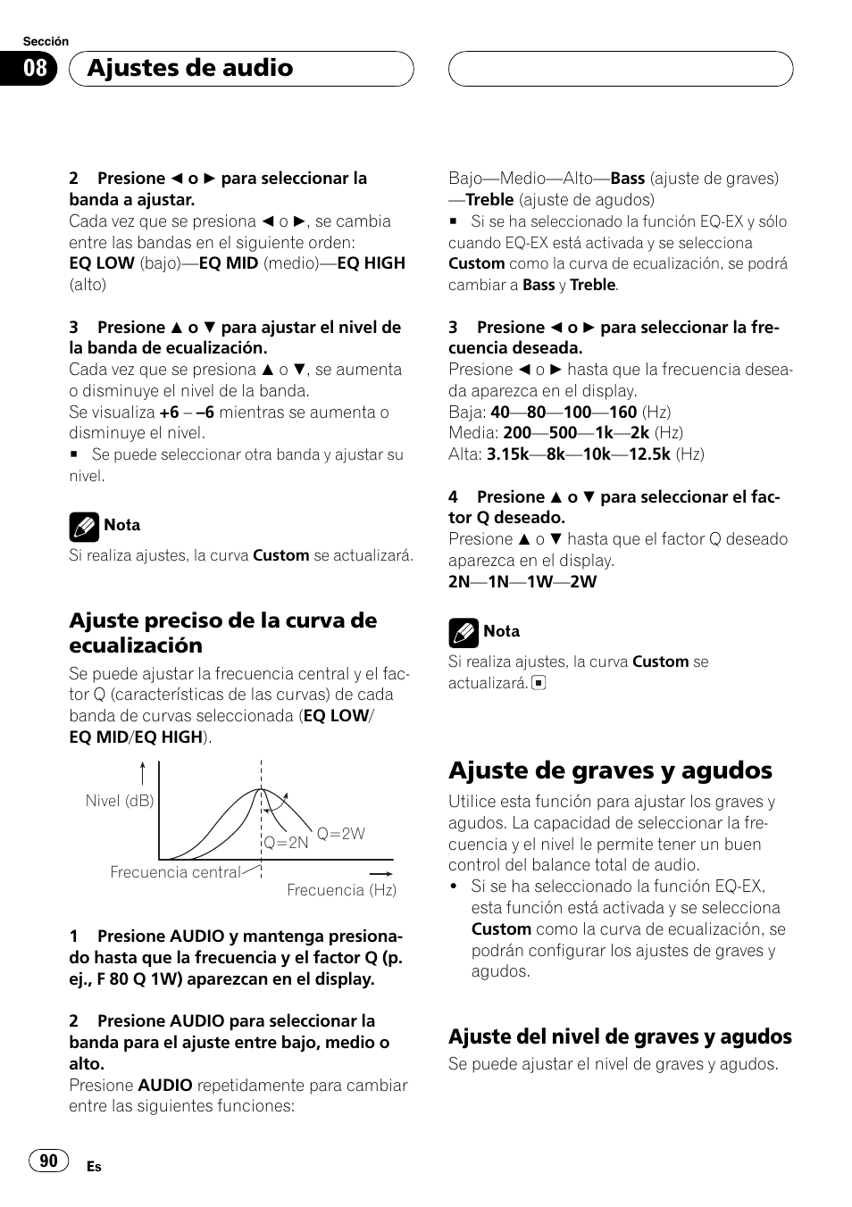 Ajuste preciso de la curva de, Ecualización 90, Ajuste de graves y agudos 90 | Ajuste del nivel de graves y, Agudos 90, Ajuste de graves y agudos, Ajustes de audio, Ajuste preciso de la curva de ecualización, Ajuste del nivel de graves y agudos | Pioneer SUPER TUNER DEH-P5850MP User Manual | Page 90 / 166