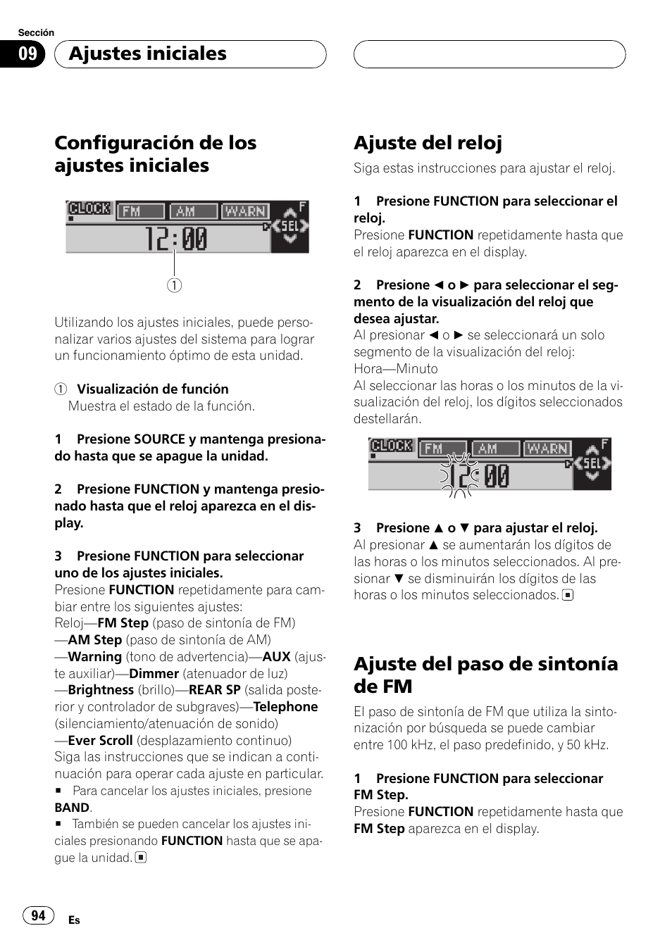 Ajustes iniciales, Configuración de los ajustes iniciales 94, Ajuste del reloj 94 | Ajuste del paso de sintonía de fm 94, Configuración de los ajustes iniciales, Ajuste del reloj, Ajuste del paso de sintonía de fm | Pioneer SUPER TUNER DEH-P5850MP User Manual | Page 94 / 166